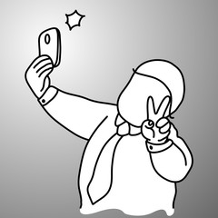 fat businessman taking selfie vector illustration doodle sketch hand drawn with black lines isolated on gray background. Business concept.