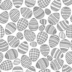Doodle eggs. Coloring page. Vector seamless pattern with hand drawn eggs. Easter egg with doodle ornament. Coloring page for anti stress coloring book for adult. Black and white illustration.