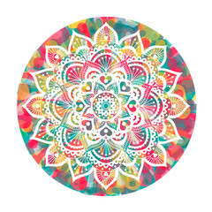 Mandala over colorful watercolor circle. Vector illustration. Ethnic print with abstract pattern. Isolated on white background. Yellow, red, green colors.