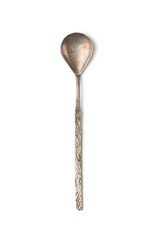 An old shabby teaspoon with a long, elegant handle. Isolated on white background..