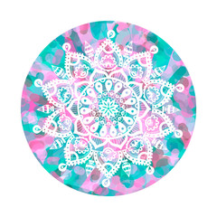 Mandala over colorful watercolor circle. Vector illustration. Ethnic print with abstract pattern. Isolated on white background. Pastel colors.