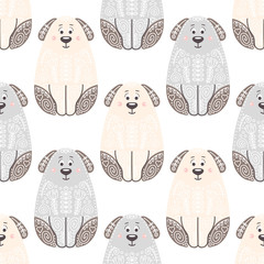 Vector seamless pattern with cute dogs. Childish background with puppies. On white backdrop. Illustration in flat style with doodle ornament.