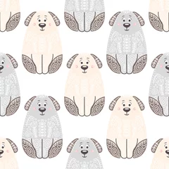 Gordijnen Vector naadloos patroon met leuke honden. Kinderachtige achtergrond met puppy& 39 s. Op witte achtergrond. Illustratie in vlakke stijl met doodle ornament. © fairyn