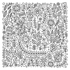 Coloring page for kids and adult. Vector outline illustration. Hand drawn floral pattern. Doodle flowers, leaves, berries. Anti stress coloring. Black and white colors.
