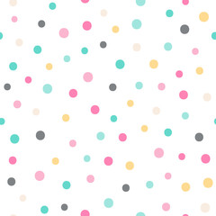 Wektorowy bezszwowy wzór z kolor kropkami. Słodkie tło dla dziecka. Różowe, żółte, zielone, szare, beżowe elementy na białym tle. - 184130970