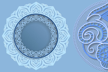 Template for design -  round frame with lace edges and  3D mandala on the side. Template for wedding and other congratulations. There is a place in the frame for text, pictures, photos. Vector.