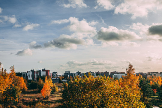 autumn view of residential area with high-rise buildings in Vilnius, Pilaite. BLue sky with soft clouds