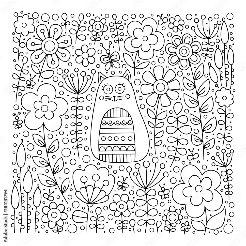 Wall mural cute cat in flowers. hand drawn doodle card with kitten and floral ornament. nice childish design. c