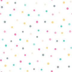Wektorowy bezszwowy wzór z kolor kropkami. Słodkie tło dla dziecka. Różowe, żółte, zielone, szare, beżowe elementy na białym tle. - 184131928