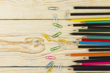 Frame with school supplies. Flat lay, top view