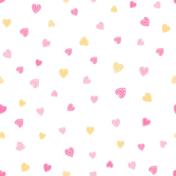 Vector seamless pattern with hearts. Pink, yellow, white colors. Nice background for wedding, Valentine's Day. On white backdrop.