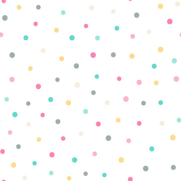 Vector seamless pattern with color dots. Cute background for baby. Pink, yellow, green, gray, beige elements on white backdrop.