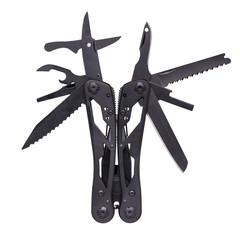 Black multi tool photographed on a white background. The multitool with its instruments: scissors, a saw blade, a screwdriver attachment, an opener, a knife and others