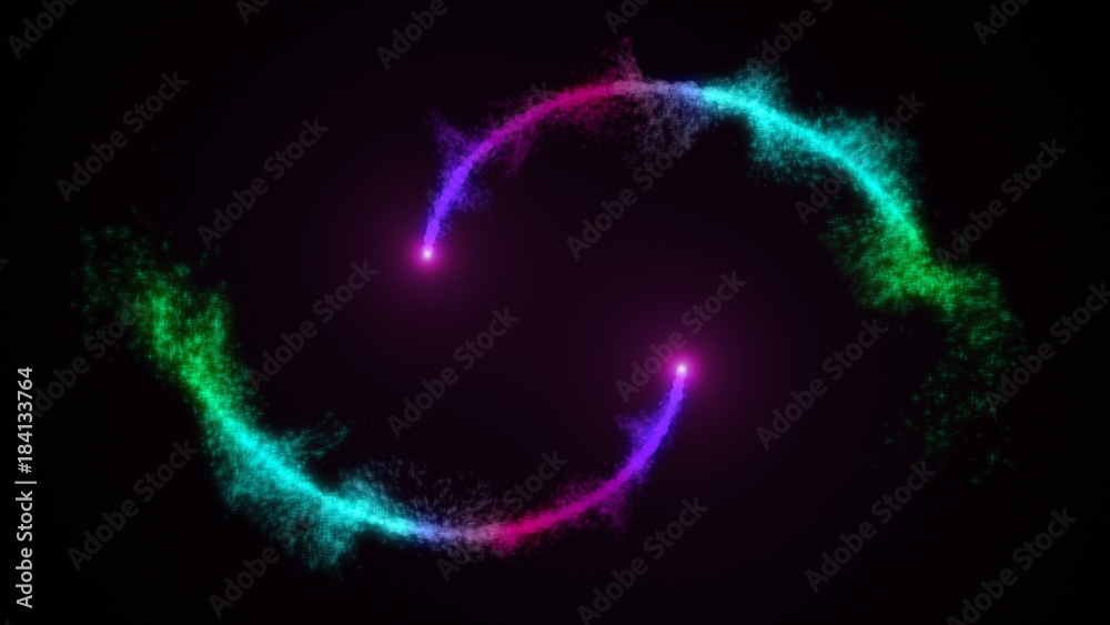 Wall mural opening intro flash light, lens flare, rotation particles. 3d rendering