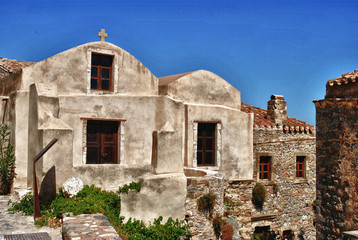 Old traditional church and stone houses in Monemvasia castle in Peloponnese Greece