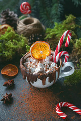 Christmas hot chocolate in a black cup with caramelized oranges, fir branches and candy cane on dark background, Selective focus