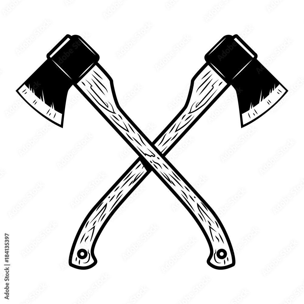 Wall mural crossed lumberjack axes isolated on white background. design element for poster, emblem, sign, banne