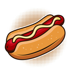 Hot dog illustration isolated on white background. Design element for poster, emblem, sign, menu. Vector illustration