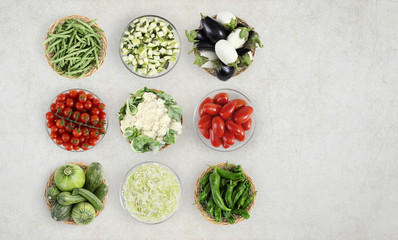 food top view vegetables isolated on marble kitchen worktop, web banner copy space template