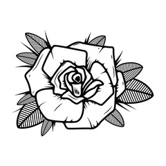 Tattoo style rose illustration on white background. Design elements for logo, label, emblem, sign. Vector illustration