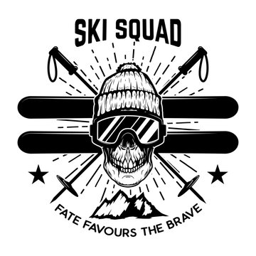 Ski squad. Extreme skull with skis.  Design element for emblem, sign, label, poster.
