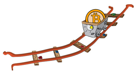 Mining cart on railway loaded with precious bitcoin