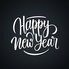 Happy New Year calligraphic hand drawn lettering design card template. Creative typography for holiday greetings. Black and white colors. Vector illustration.
