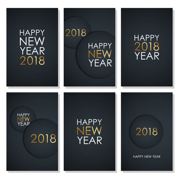 Set of 2018 Happy New Year celebrate flyers with golden colored elements and black background. Vector illustration.