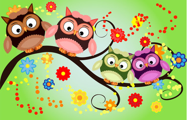 Obraz premium Bright cute cartoon owls sit on the flowering branches of fantastic trees