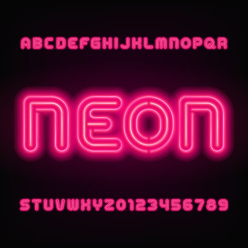 Neon tube alphabet font. Red color letters and numbers. Stock vector typeface for your headers or any typography design.