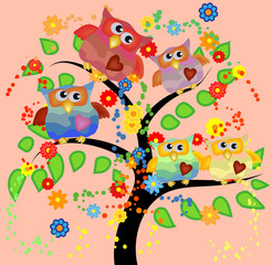 Bright cute cartoon owls sit on the flowering branches of fantastic trees