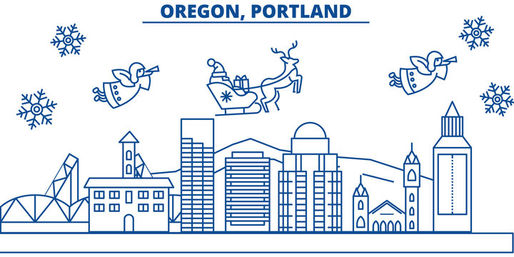 USA, Oregon , Portland  Winter City Skyline. Merry Christmas And Happy New Year Decorated Banner. Winter Greeting Card With Snow And Santa Claus. Flat, Line Vector, Linear Christmas Illustration