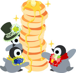 Obraz premium The stylish pretty penguin babies and a tower of pancakes