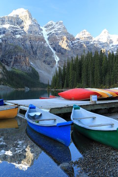Canoes at Moraine Lake, Icefield Parkway, Canada