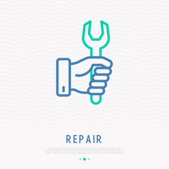 Hand holding wrench. Modern vector illustration of repair service.