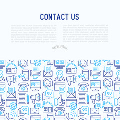 Fototapeta na wymiar Contact us concept with thin line icons of telephone, fax, operator call center, e-mail, chat bot, pointer, feedback. Modern vector illustration for banner, web page, print media.