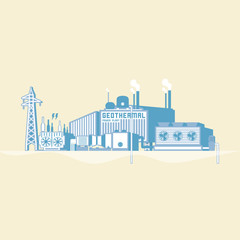 geothermal energy, geothermal power plant with boiler and seam turbine generate the electric in simple graphic