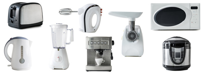collage of different types of kitchen appliances isolated