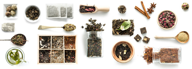 Various kinds of tea, spoons and rustic dishware, brewed green tea, cinnamon