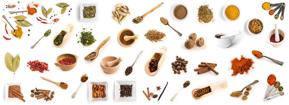 Collage of photos of different spices on spoons and dishes