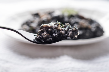 Cuttlefish ink and bogue risotto close up