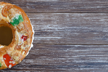 Roscon de reyes, kings' ring typical dessert eaten in Spain to celebrate Epiphany or Dia de Reyes...