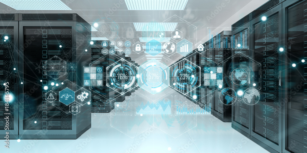Poster Graph holograms flying over server room data center 3D rendering