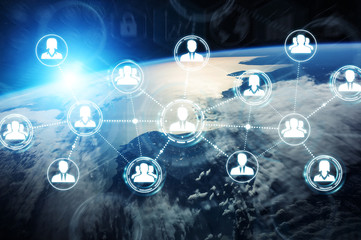 Digital social network on planet Earth 3D rendering