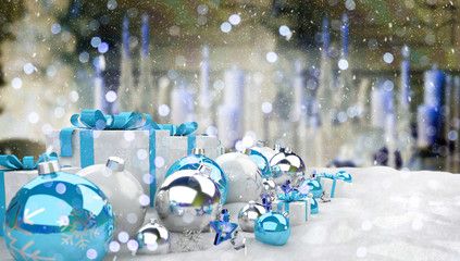 Blue and white christmas gifts and baubles 3D rendering