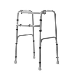 Metal walking frame on white background