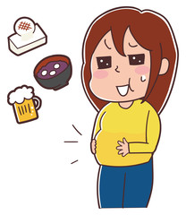 正月太りした女性のイラスト