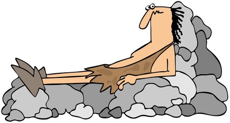 Illustration depicts a caveman laying on a rock recliner.