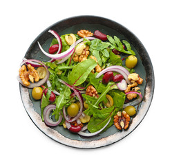 Plate with delicious vegetable salad on white background