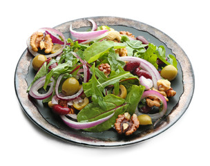 Plate with delicious vegetable salad on white background